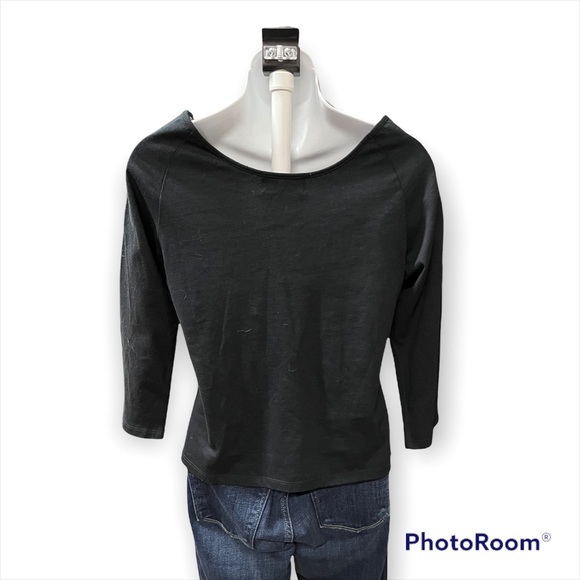 Metro 6 Nina Leonard Black Scoop Neck Floral Jeweled 3/4 Sleeve Top Size Medium - Picture 2 of 8